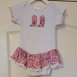 Pink and White Western Style Baby Onesie with Ruffle Skirt, Size 18 months
